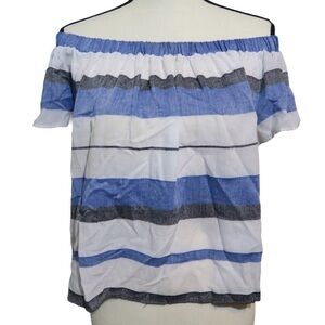 Max Studio Blue Striped Crop Top Chambray Gray Short Sleeve Off Shoulder Lg